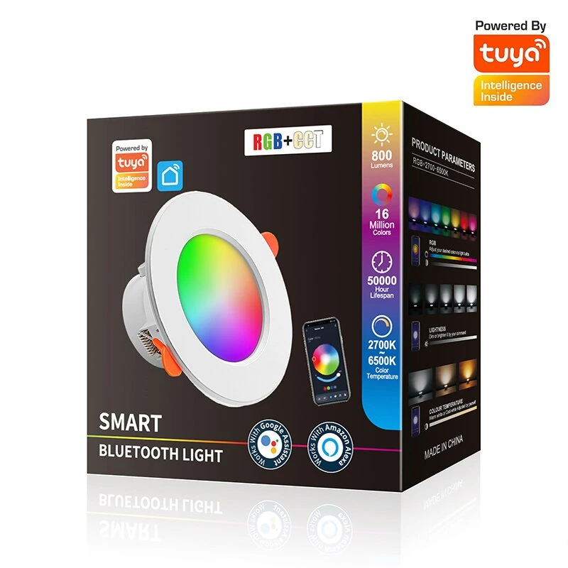 (image for) 10W LED Smart Downlight RGB+CCT 16 Million Colors 2700K~6500K 800 Lumens Works With Alexa Voice Tuya Bluetooth APP Control