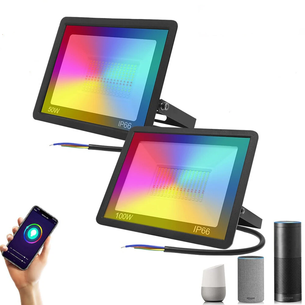 (image for) LED Reflector RGB Smart Floodlight Outdoor Spotlight 30W 50W 100W Waterproof 220V Warm Cool Lighting Tuya WIFI Control for Alexa
