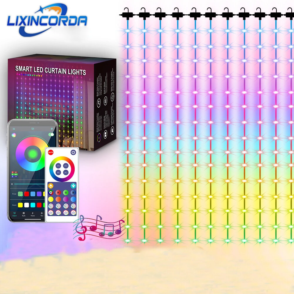 LIXINCORDA Smart RGB LED Curtain Light Strings Bluetooth APP Control Remote Control IP68 Waterproof Holidays Wedding Decorations (image for) LIXINCORDA Smart RGB LED Curtain Light Strings Bluetooth APP Control Remote Control IP68 Waterproof Holidays Wedding Decorations